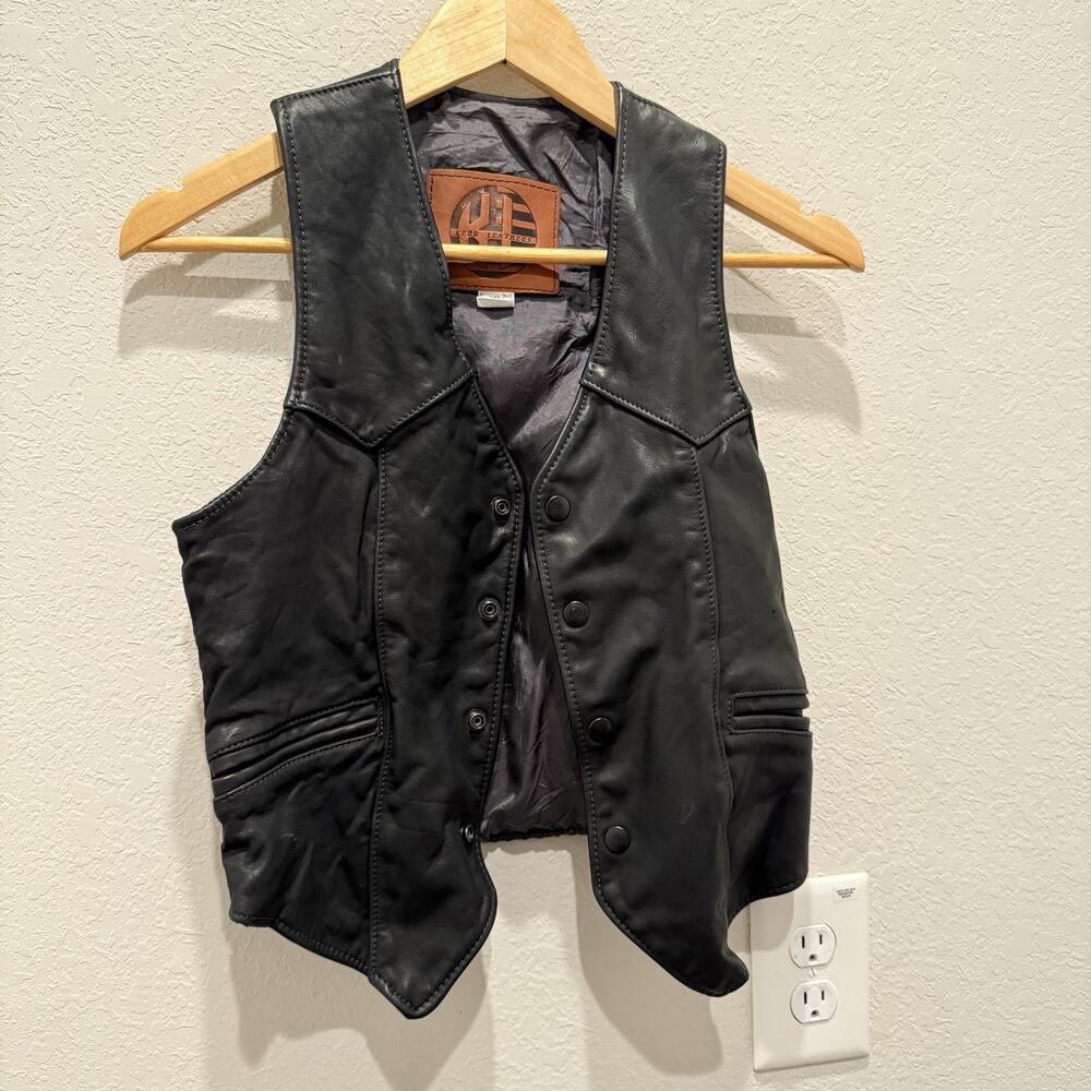 Kerr Black Leather Biker Vest Silky Lined Black Button Up W Sz 36